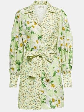 Alemais | Green Floral Patchwork Short Dress with Belt | 100% Linen | Size 2